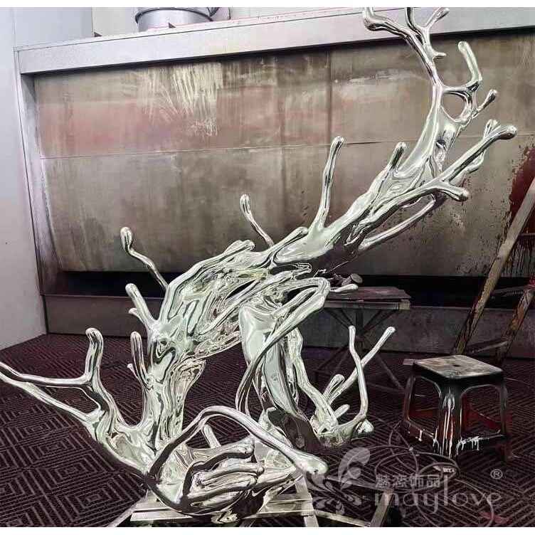 不锈钢水花抽象雕塑酒店镜面浪花太湖石客厅摆件大堂水景装饰