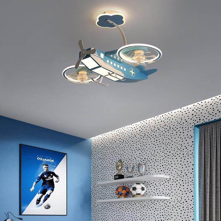 儿童房卧室灯男孩led新款创意个性蓝色飞机模型电风扇灯卧室吊灯