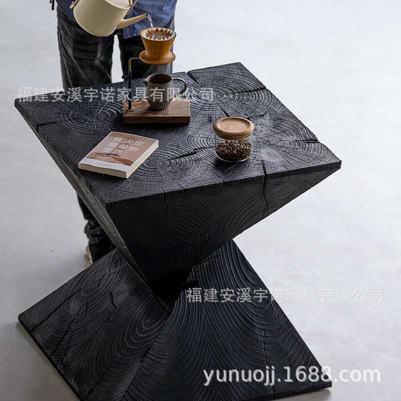 侘寂风实木家用客厅茶几茶桌现代简约茶台黑色碳化边几方形墩子