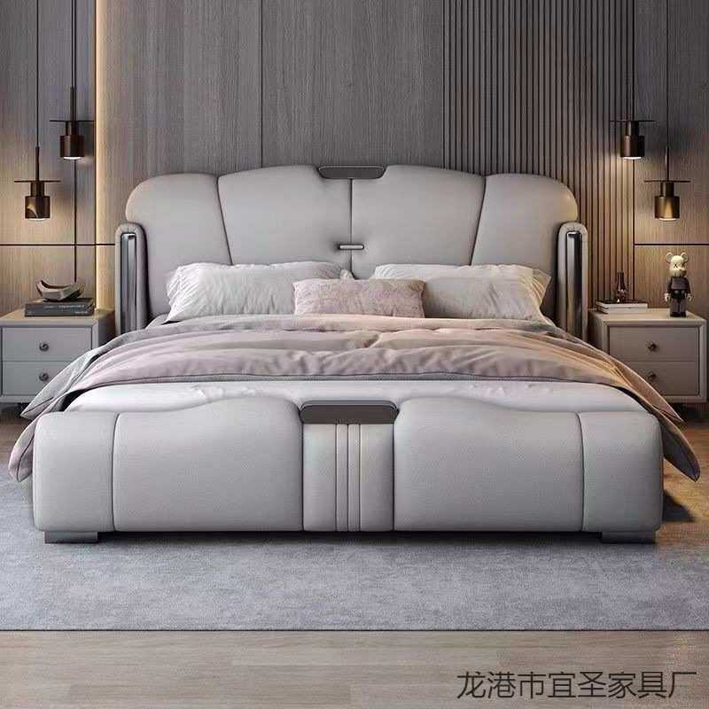 意式轻奢真皮床主卧大床高级现代简约床储物双人床高端软包结婚床