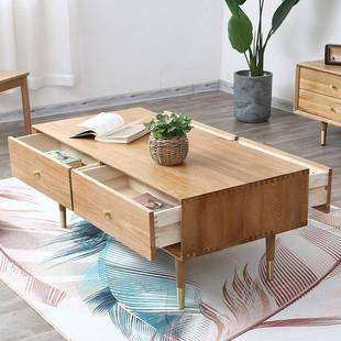 茶几 实木茶几白橡木色铜脚咖啡桌 客厅边机电视柜组合茶几带抽屉