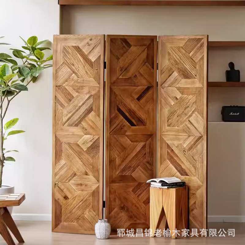 中古老榆木拼花屏风玄关隔断墙餐厅分隔屏风实木三扇折叠移动屏风