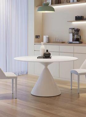 意式岩板餐桌简约纯白色圆桌家用圆形内嵌式转盘小户型饭桌德利丰