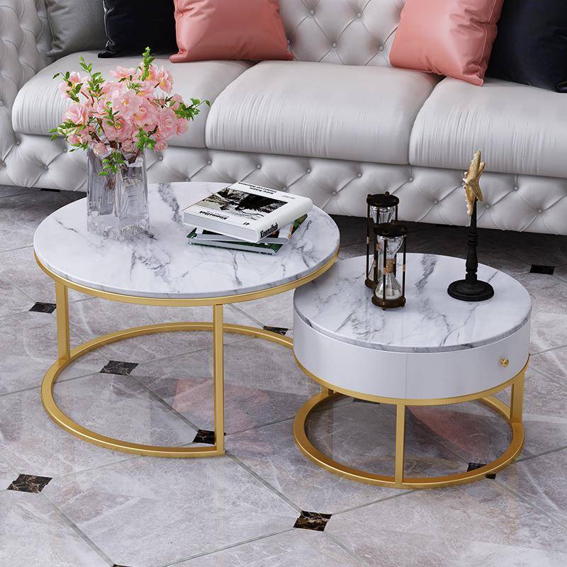 现代简约带抽屉圆形大理石茶几家用客厅子母茶几办公室茶几
