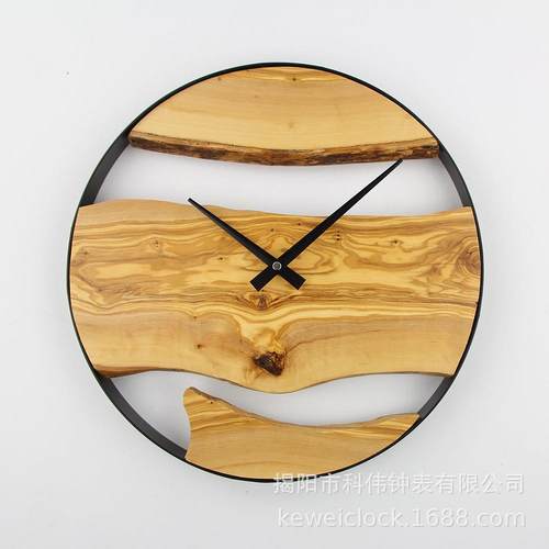 高档橄榄木制创意简约铁艺实木挂钟客厅钟表家用石英时钟艺术挂表