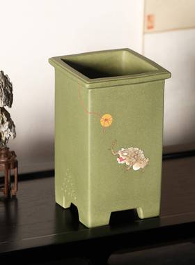 紫砂花盆陶瓷盆景盆苏玲名家盆正方形刻绘手绘兰花盆四方兰盆