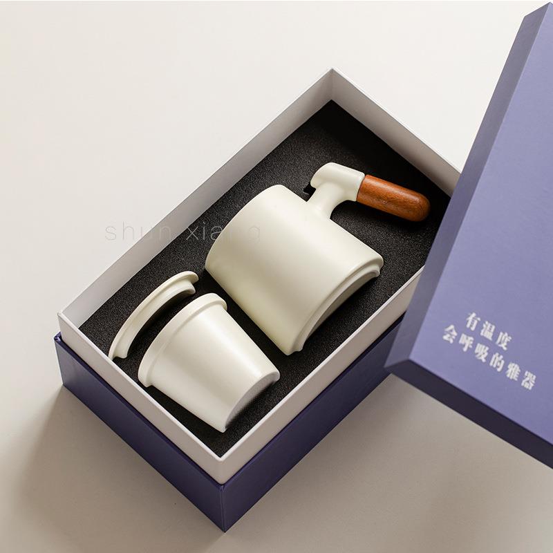 shunxiang|奶油风陶瓷过滤泡茶马克杯茶水分离带盖木柄办公杯