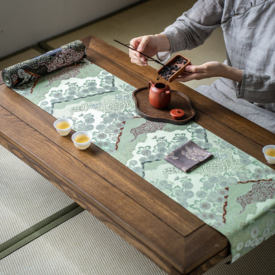 日式西阵织茶席防水桌旗中式山菊锦缎茶桌旗茶垫布轻奢茶台茶几布