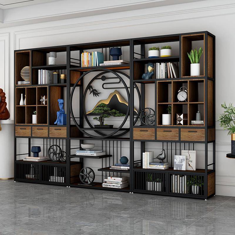 新中式铁艺博古架书架展示架办公室隔断柜餐厅实木茶柜茶室置物架