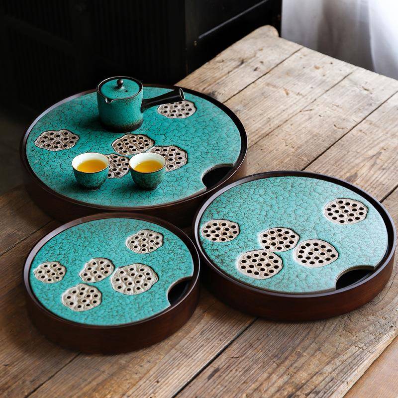 春澜竹笙茶盘陶瓷面板密胺底盘储水式干泡盘日式祖母绿茶台茶海