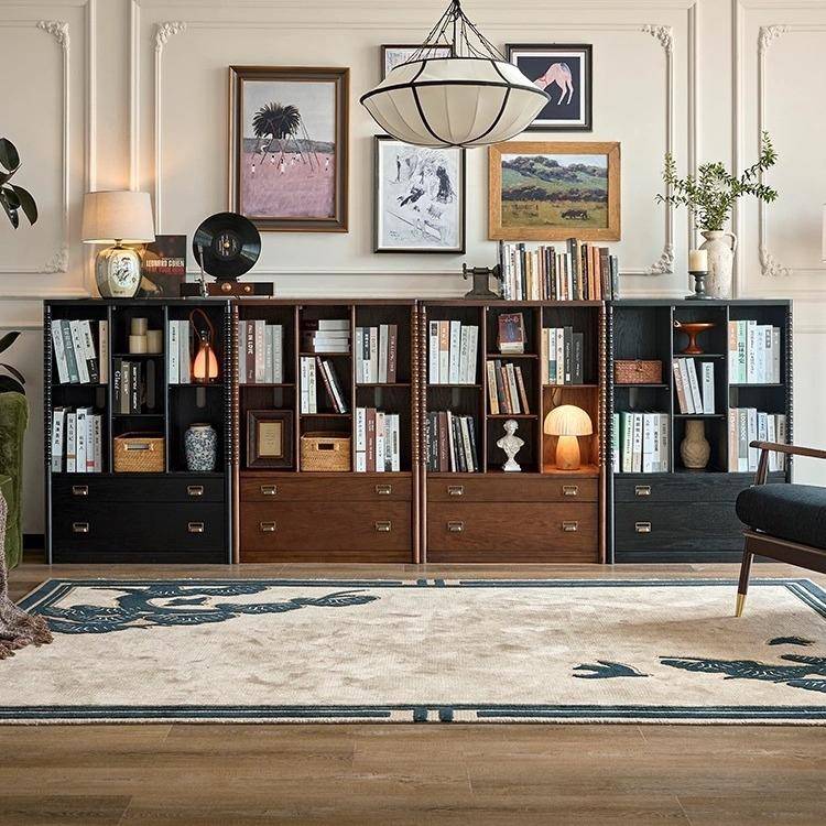 法式实木中古风书柜组合满墙柜美式复古橡木高柜矮柜组合收纳柜子