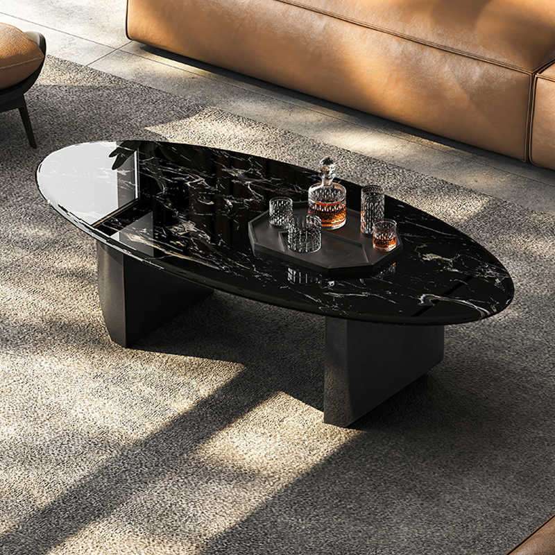 大理石茶几天然奢石黑玫瑰轻奢高级感椭圆形悬浮茶桌客厅家用新款