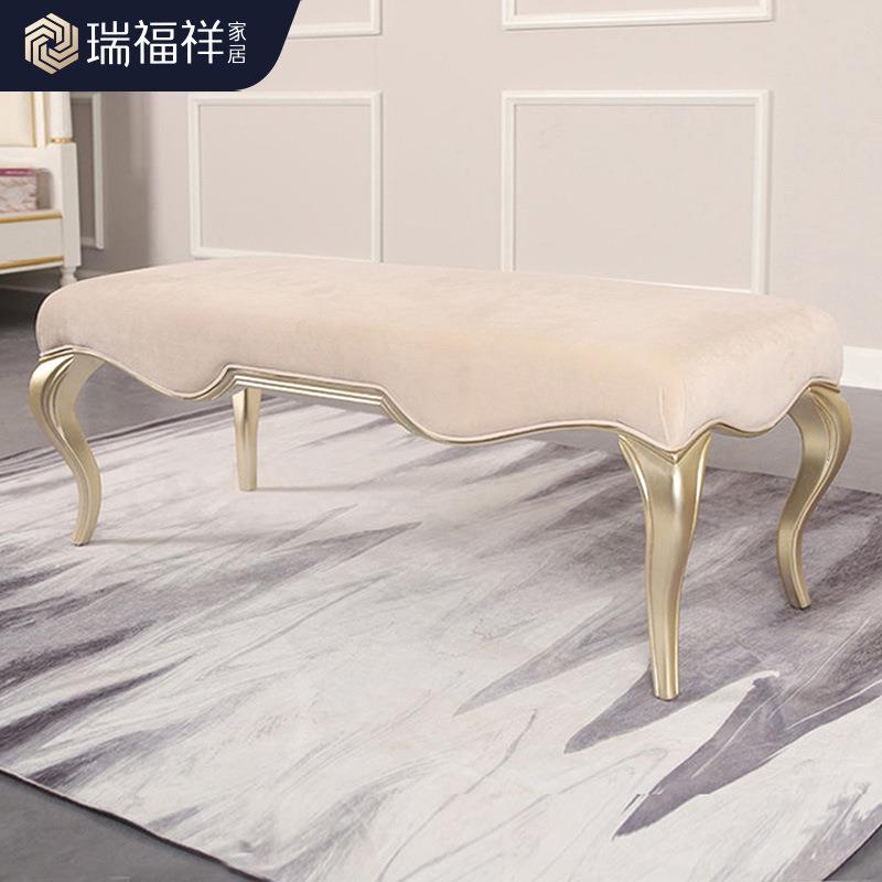 瑞福祥美式轻奢实木真皮床尾凳欧式主卧雕花床边凳沙发长凳子床榻
