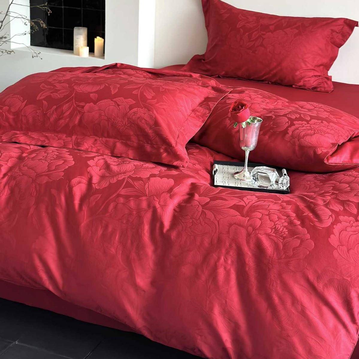 轻奢风玫瑰提花长绒棉四件套全棉纯棉红色结婚陪嫁床单被套