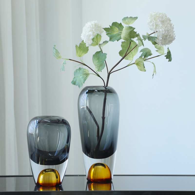约美式双色厚底手工吹制玻璃花瓶摆件样板房软装家居装饰花瓶