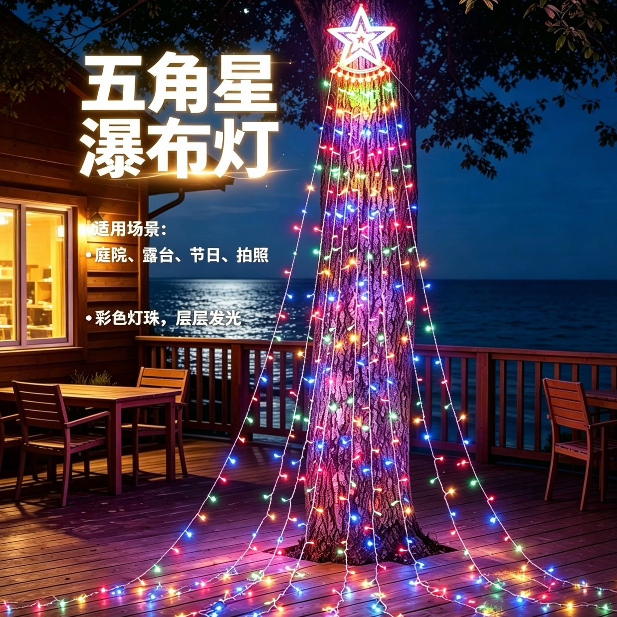 垂挂五角星瀑布灯户外庭院阳台装饰灯串氛围感浪漫商业小清新串灯