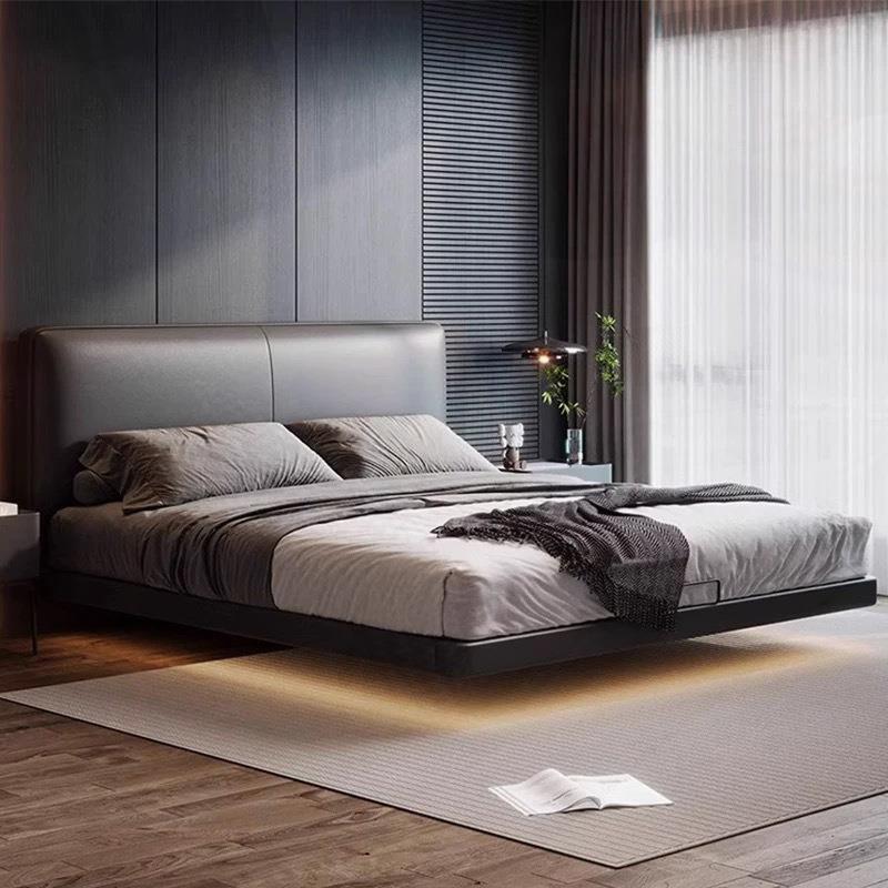 悬浮床简约现代主卧大床意式极简黑色床2米x2米2齐边小户型真皮床