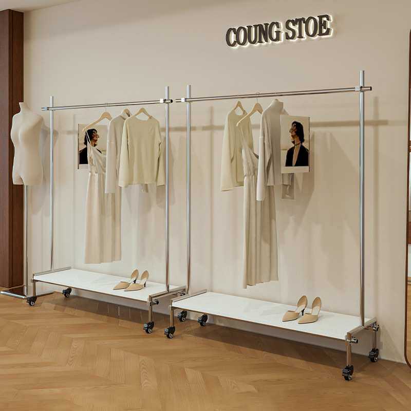 服装店双层展示架落地不锈钢中岛陈列架女装店挂衣架买手店货架子