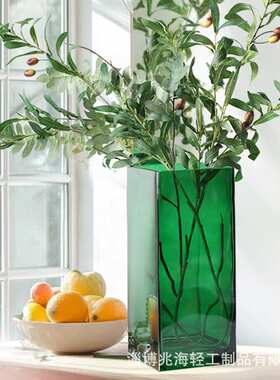 加厚绿色方形玻璃花瓶大号富贵竹水培插花方缸高级感婚礼客厅摆件