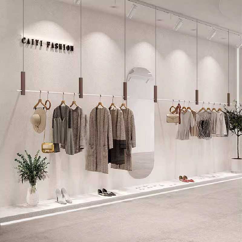 服装展示架不锈钢上墙吊杆悬挂陈列架胡桃木色吊架女装橱窗挂衣架