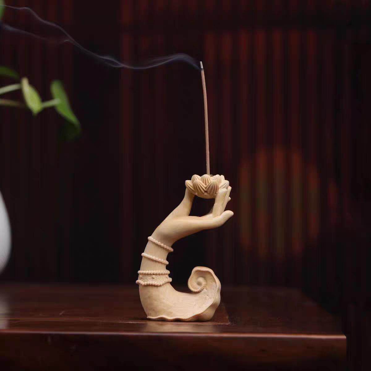 小叶黄杨木雕刻佛手莲花香插摆件茶道香道禅意茶室家居饰品手把件