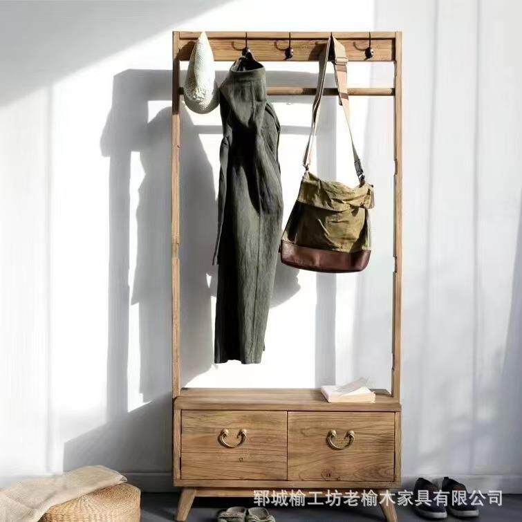 老榆木衣帽架卧室大衣挂衣架玄关置物架复古实木进户门鞋柜衣架