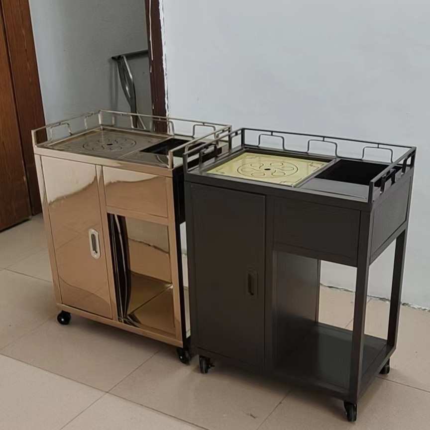 茶楼民宿茶水车泡茶台不锈钢茶水车茶楼双层钛金服务车手推服务车