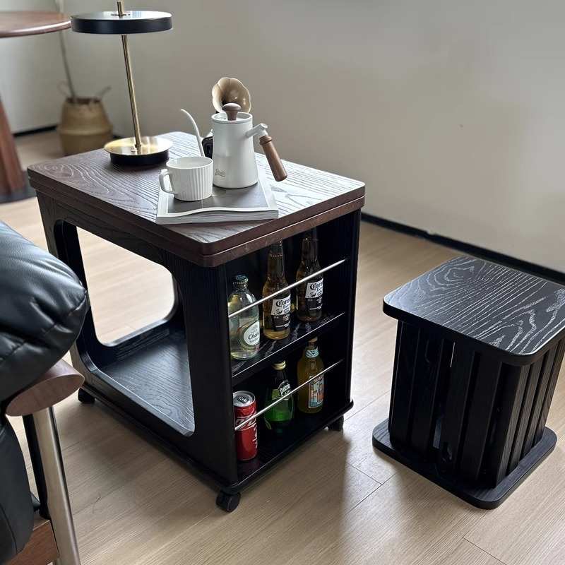 复古全实木沙发边柜可移动旋转折叠阳台茶角边几多功能餐桌小推车