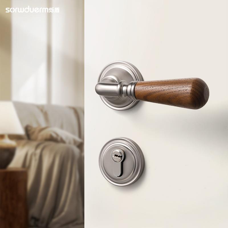 烁盾中古风室内家用卧室门锁胡桃木复古房间门把手磁吸静音房门锁