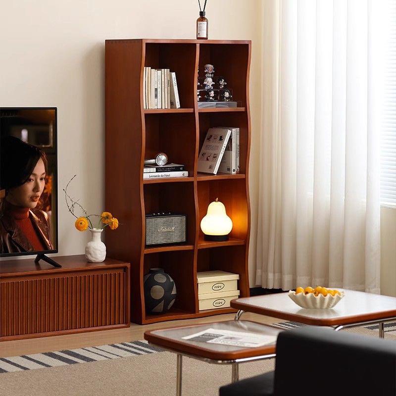 北欧简约家用落地书架书柜客厅杂志置物架复古储物柜实木书房书架