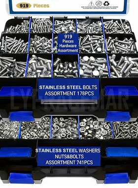 919Pcs 重型螺栓和螺母套件,不锈钢公制M4 M5 M6 M8,螺母螺栓垫圈