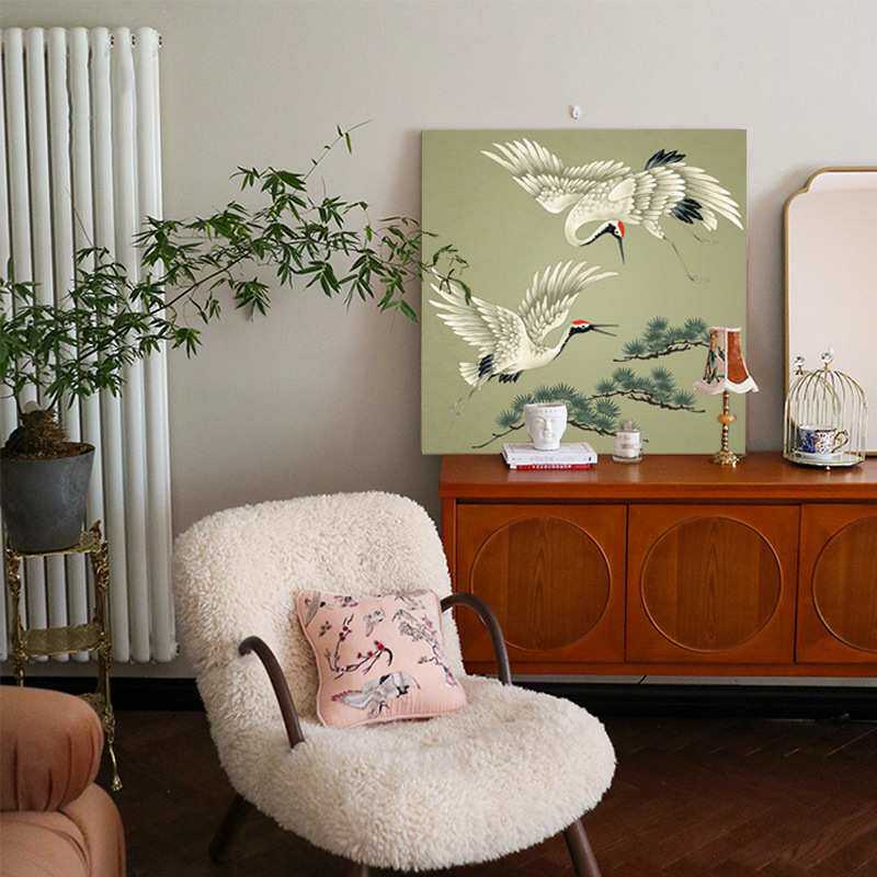 松鹤延年新中式中国风挂画客厅玄关卧室无框画沙发背景墙画山水画