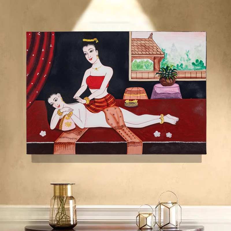 泰国手绘装饰画客厅玄关走廊过道金箔画东南亚风格装饰人物画壁画