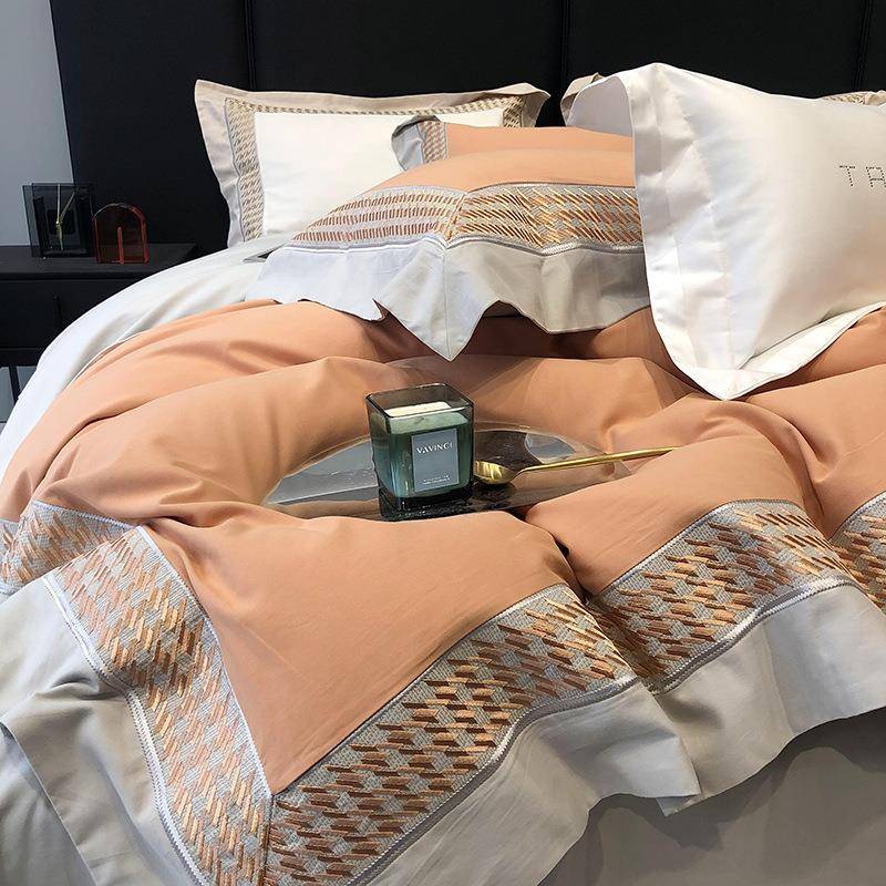 秋冬轻奢100支全棉千鸟格磨毛刺绣双拼四件套纯棉欧式被套床单1.8