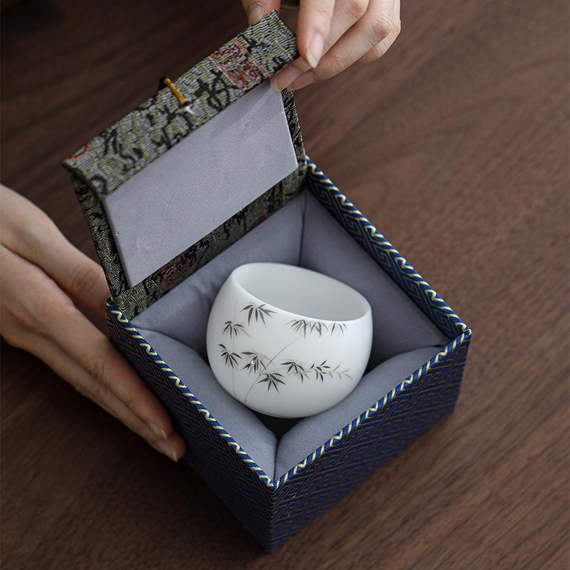 冰种玉瓷素烧主人杯德化羊脂玉白瓷茶具品茗杯墨竹水墨江山个人杯