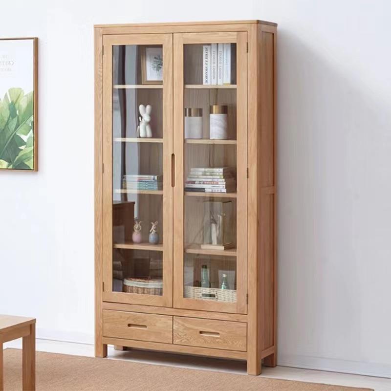 全实木书柜北欧简约橡木书房带玻璃双开门书架组合置物架展示柜新