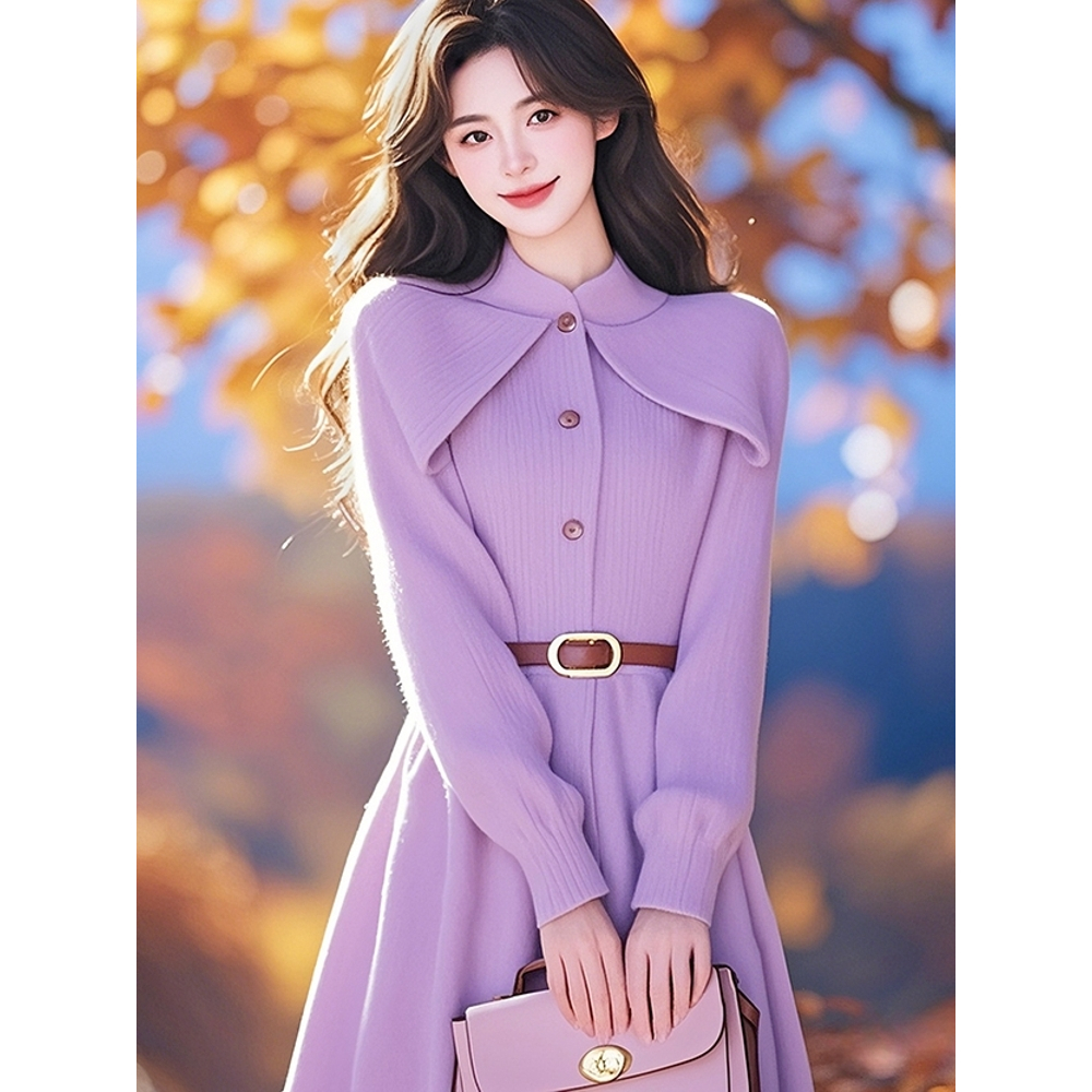 温柔系秋冬穿搭超好看高级感小众不撞款紫色针织斗篷打底连衣裙女
