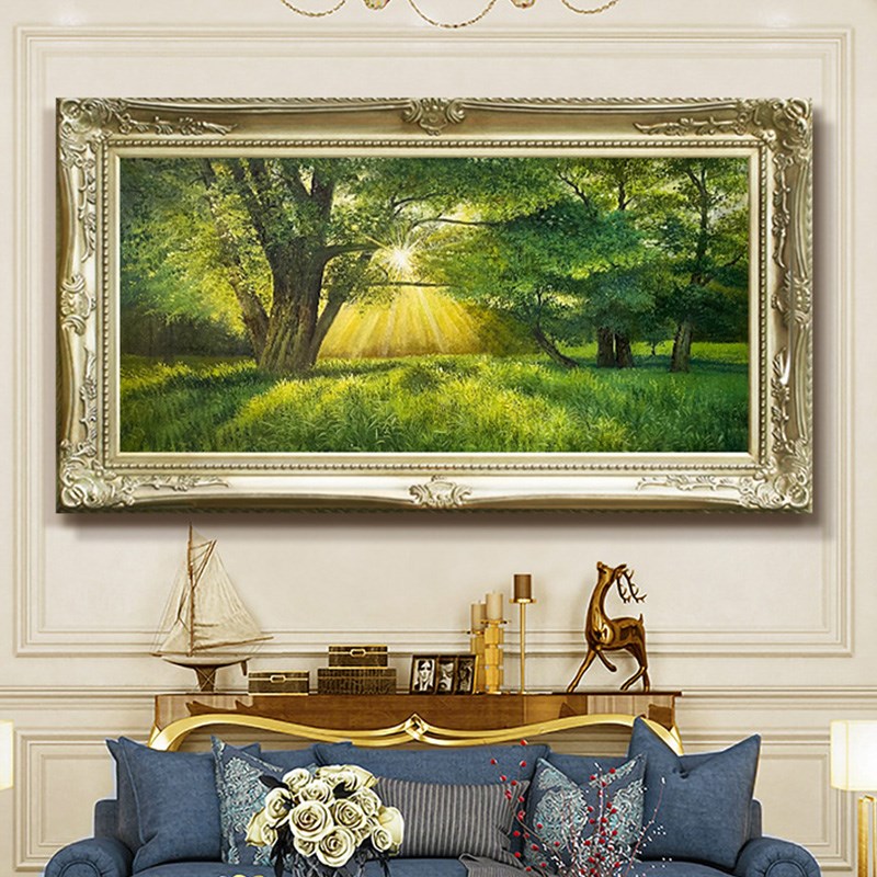 手绘森林风景油画客厅卧室装饰画挂画壁画大树树木树林清晨阳光图片