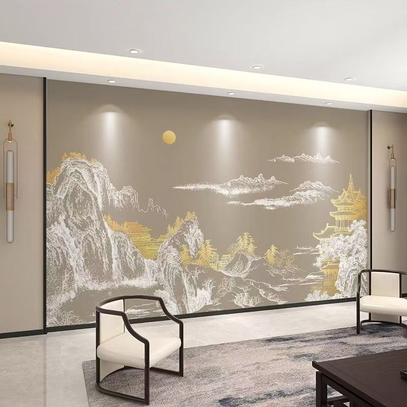 新中式亭台楼阁壁纸定制酒店包间装饰墙布壁画立体电视背景墙壁布图片