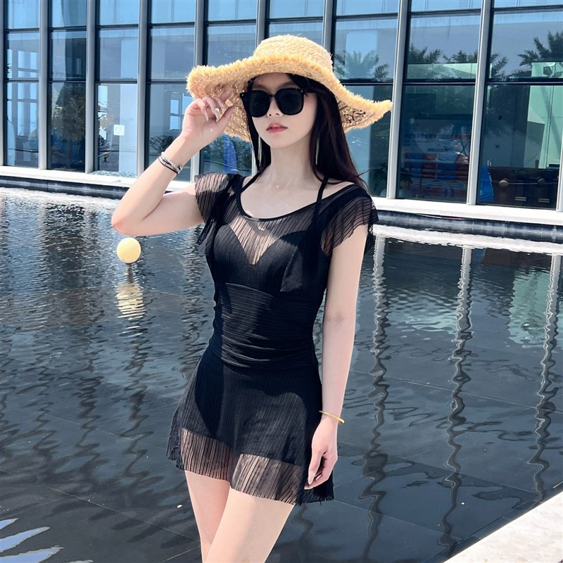 跨境新款爆款连体泳衣女保守钢托聚拢显瘦遮肚高级感度假裙式温泉
