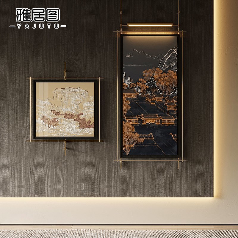 新中式高级感酒店别墅金属吊杆装饰灯画入户玄关茶室禅意壁挂墙饰图片