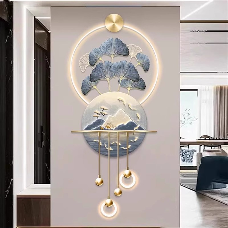 九鱼图玄关装饰画高档立体LED壁灯电视背景墙壁挂画入户走廊挂画图片