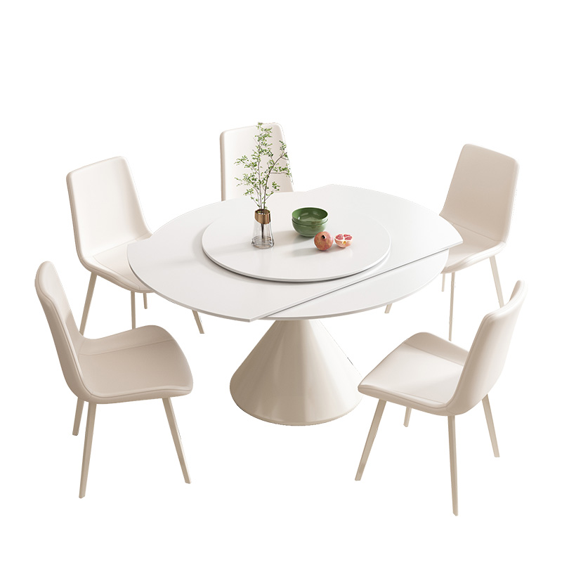 奶油风岩板d餐桌大理石转盘旋转圆餐桌家用轻奢小户型餐厅吃饭桌