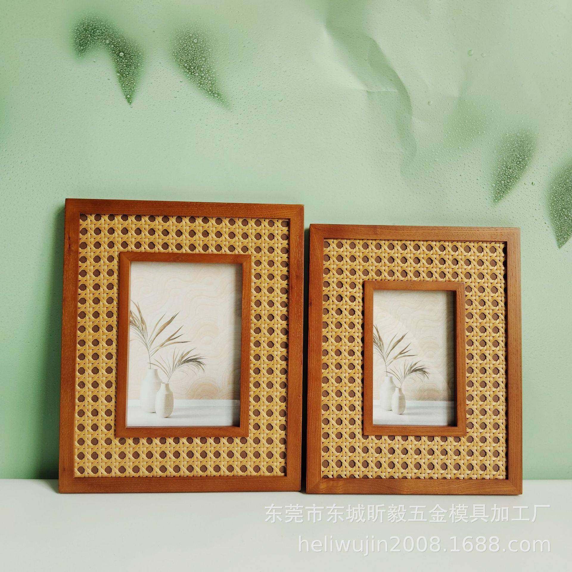 环保胡桃色水曲柳实木镶嵌藤编相框摆台，时尚创新样板间摆台