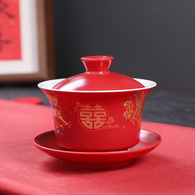 陪嫁改一对喜碗红新人婚礼喜结婚茶具套装茶杯龙杯敬茶杯凤口用品
