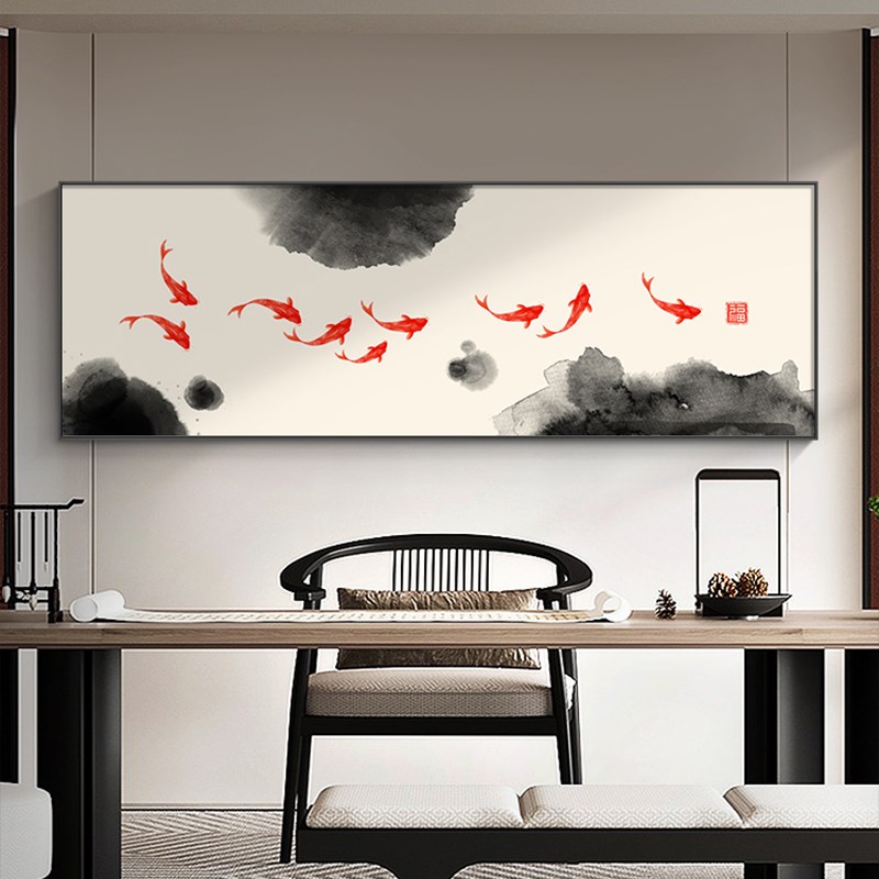 中式九鱼茶室装饰画横幅水墨客厅沙发背景墙挂画禅意卧室床头壁画图片