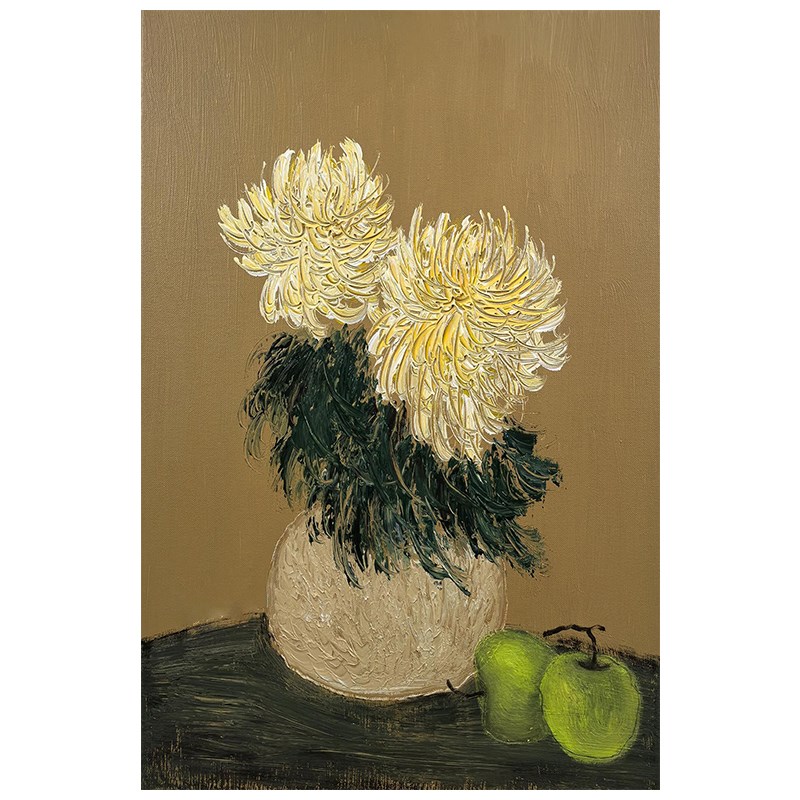 中古风黄色菊花手绘油画复古花卉花瓶客厅装饰画立体肌理玄关挂画图片