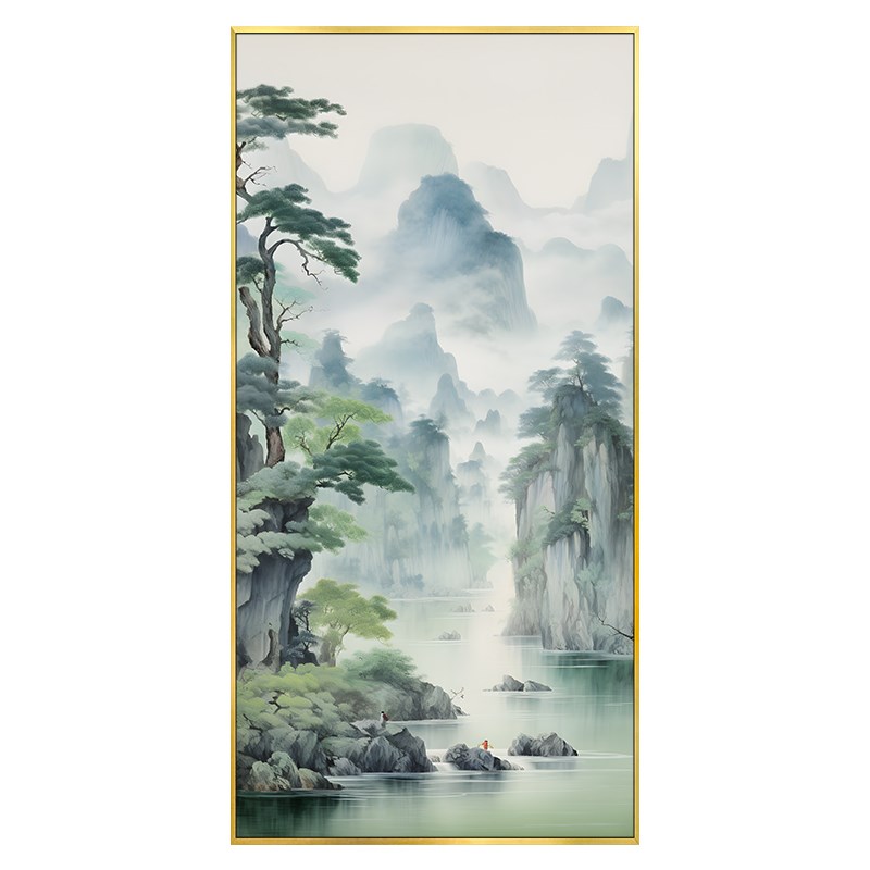 山水风景迎客松树玄关装饰画新中式流水生财挂画客厅过道走廊壁画图片