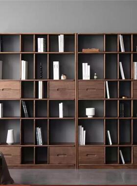 北美黑胡桃木原木落地书架现代简约实木日式置物架博古架满墙书柜