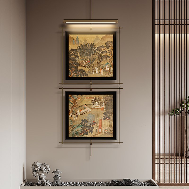 新中式客厅墙面装饰画复古金属挂件背景墙上壁饰灯光立体玄关壁挂图片
